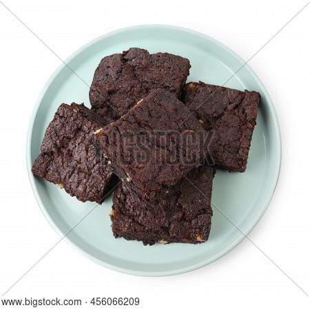 Delicious Chocolate Brownies With Nuts On White Background, Top View
