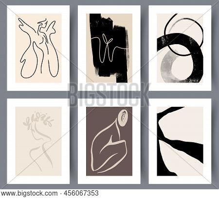 Set Of Simple Abstract Modern Art Wall Poster Or Banner For Interior Design. Collection Of Abstracti