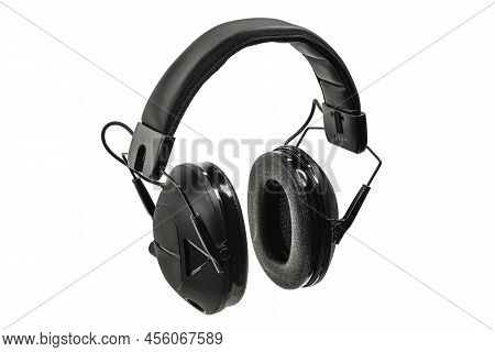 Protective Headphones On A White. Safety Equipment. Headphones For Noise Reduction. Light Background