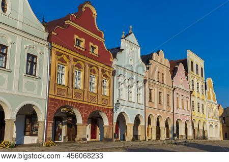 Telc, Czech Republic - September 14, 2020: Colorful Facades Of Historic Houses In Telc, Czech Republ