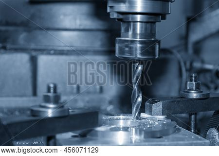 The Drilling Process On Nc Milling Machine. The Metal Working Concept On The Milling Machine.