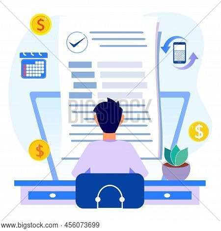 Flat Vector Illustration Of Payroll And Employee Payroll Reports. Calculation Of Company Income, Tax