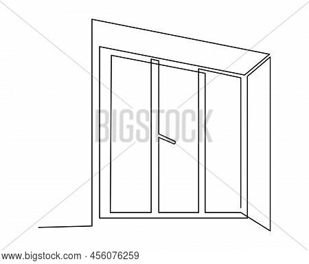 Three-leaf Window, Plastic Double-glazed Window. Vector Continuous Line Drawing Isolated On White Ba