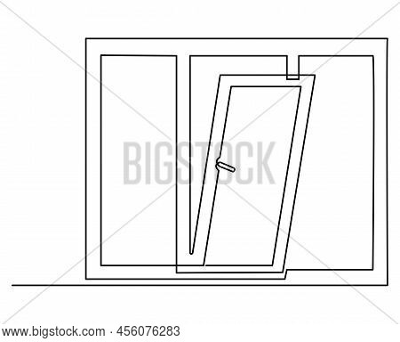 Three-leaf Window, Plastic Double-glazed Window. Vector Continuous Line Drawing Isolated On White Ba