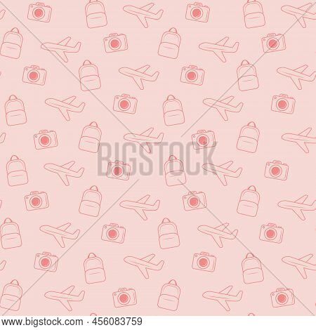 Travel Icons Pink Pattern, Airplane, Backpack And Camera Icons For Background, Print, Walllpaper For