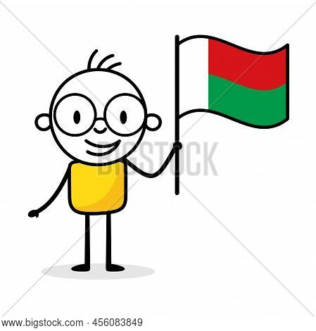 Man Holding Flag Of Madagascar Isolated On White Background. Hand Drawn Doodle Line Art Man. Concept