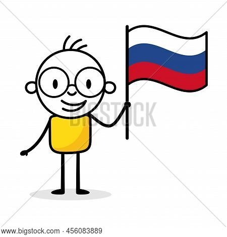 Man Holding Flag Of Russia Isolated On White Background. Hand Drawn Doodle Line Art Man. Concept Of 