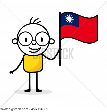 Man Holding Flag Of Taiwan Isolated On White Background. Hand Drawn Doodle Line Art Man. Concept Of 