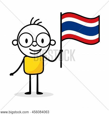 Man Holding Flag Of Thailand Isolated On White Background. Hand Drawn Doodle Line Art Man. Concept O
