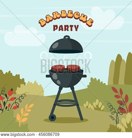 Bbq Party. Barbecue Background With Brazier, Grill, Steaks, Meat Food, Grilled Vegetables At Home. V