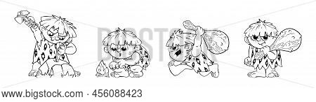 Prehistoric Primitive Man, A Set Of Dynamic Figures In Black And White Cartoon Style.stickers, Decal