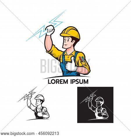 Electrician Services Logo Template. Electrician Cartoon Mascot Holding  Lightning Bolt Logo On White