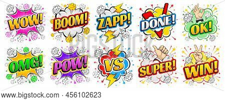 Set Of Comic Speech Bubbles, Like An Explosion, With Various Words And Gestures. Bright Dynamic Cart