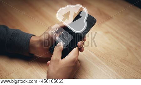 Man Using Smartphone With Virtual Cloud Computing And Login Virtual Interfaces.cloud Computing Syste