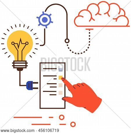 Big Data Visualization Connection Complex With Icon. Data Array Visual Structure Light Bulb. Hand Po