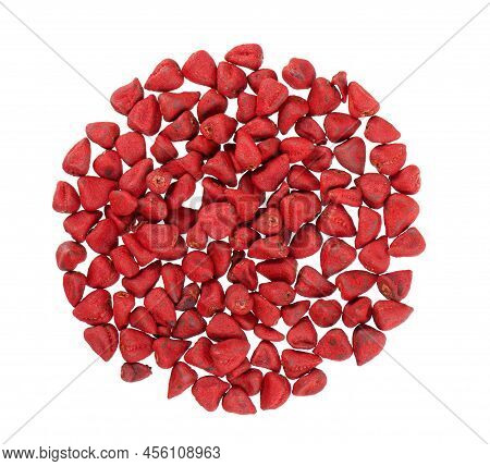 Annatto Seeds, Isolated On A White Background. Achiote Seeds, Bixa Orellana. Natural Dye For Cooking
