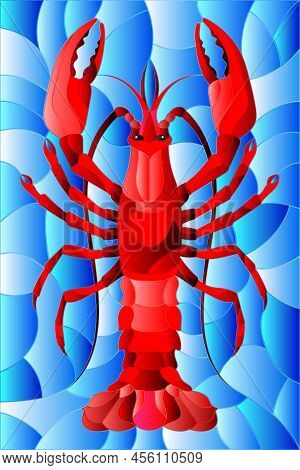 Illustration In Stained Glass Stile With Abstract Red Crayfish On A Blue Background