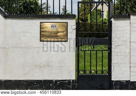 Uccle, Brussels Capital Region - Belgium - 05 29 2020  Facade And Entrance Gate Of The Embassy Of Ma