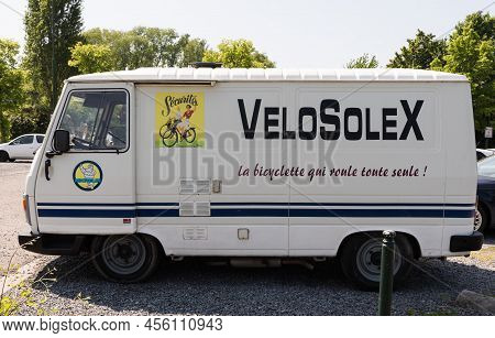 Uccle, Brussels Capital Region - Belgium - 05 17 2020 Old White French Van Of The Velosolex Company
