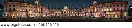 London - October 19, 2021: Somerset House Georgian Quadrangle Panorama At Night. The Building Exteri