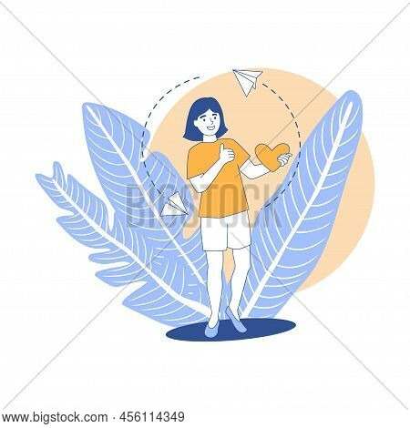 Customer Feedback Concept. Woman Shows Class Sign Gesture And Holds Heart On Leaves Background, Pape