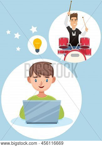 Male Worker Thinking About Musician Career Vector Illustration. Pensive Dreamer Man Working At Compu