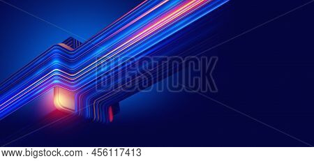 Quantum Flow Of Information. Strings, Beams Of Digital Flow. Cpu, Processor And Data Loop. Tension, 