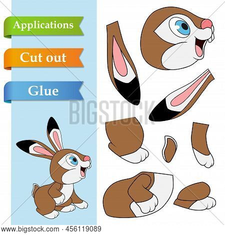 Create Paper Application Of Cartoon Smiling Hare With Long Ears. Use Scissors Cut Parts Of Rabbit An