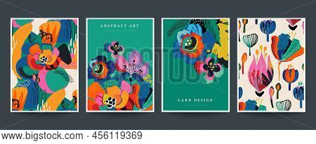 Set Of Four Vector Pre-made Cards Or Posters In Modern Abstract Style With Nature Motifs, Flowers, L