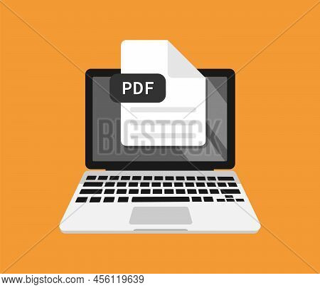 Icon Of Computer With Download Pdf Document, File Format For Web. Design Of Symbol, Sign Of Flat Lap