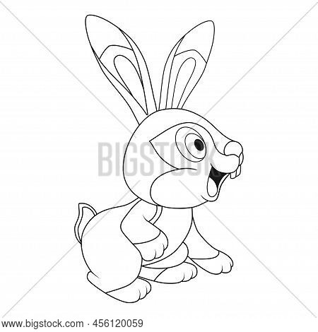 Colorless Cartoon Young Easter Hare Sitting And Smiling. Side View Of Hare With Long Ears. Template 
