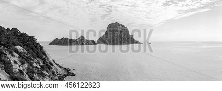 B/w View From Mirador Cala D'hort Of Cap Blanc And 2 Magnetic Islands - Small Isla De Es Vedranell A