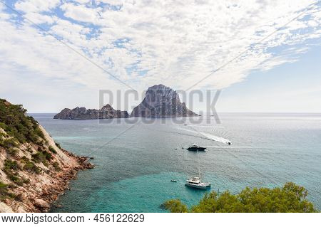 Panoramic View From The Southern Edge Of Cola D'hort Bay To 2 Small Cliff Islands Es Vedra And Es Ve