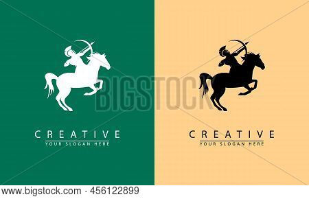 Soldier On Horse And Holding Arrow Vector Logo Icon.