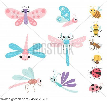 Collection Of Cute Winged Insects And Beetles. Funny Characters Butterfly, Dragonfly, Bee And Mosqui