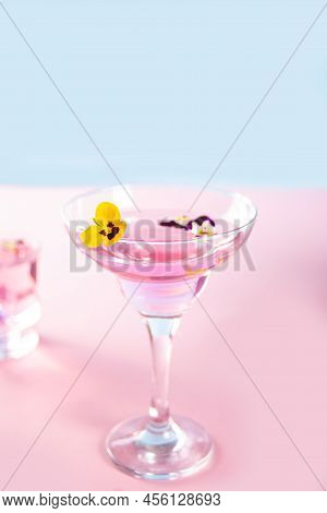 Glass Of Pink Violet Purple Cocktail Decorated Flowers Viola Pancies