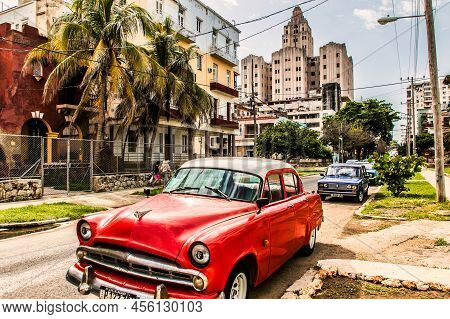 Havana, Cuba - July 06 2018 : Old Vintage American Cars Are To Be Found Everywhere On The Street. In