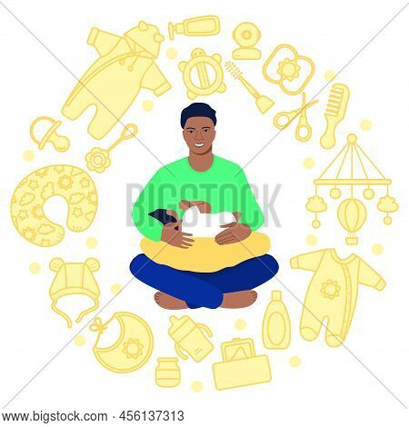 Vector Illustration Baby Care Items. Fatherhood Happy New Father Holds Newborn. Man Hugs Infant. Fee