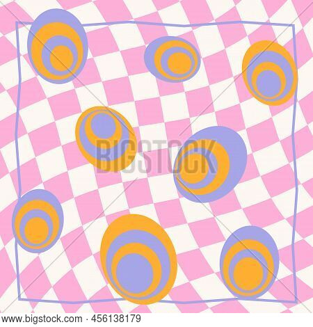 1970s Retro Pattern Groovy Trippy With Psychedelic Circles. Trippy Grid, Wavy Swirl Pattern. Seventi