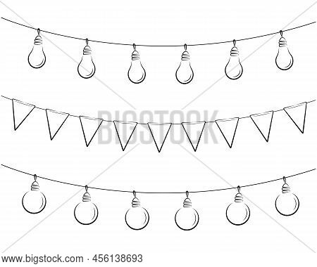 Set Of Fairy Lights, Pennants, Ball Garland, Black Line Isolated Vector Decoration, String Of Outdoo