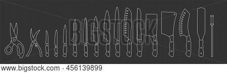 Chef Knifes Outline Set. Editable Stroke. Vector Stock Illustration Isolated On Black Chalkboard Bac