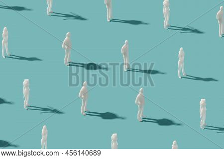 Standing Human Figurines On A Pastel Blue Background. Transhumanism Minimal Pattern.