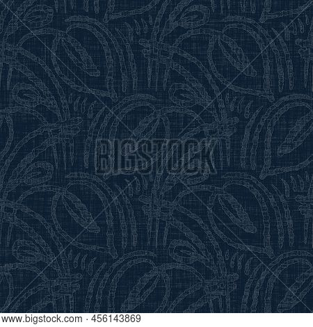 Dark Indigo Blue Leaf Dye Stitch Block Print Pattern. Japanese Masculine Boro Effect Seamless Textil