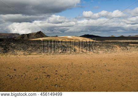 Beautiful Colourful Icelandic Landscape Lava Fields Mountain Geysers Zigzag Road And Moss-covered St