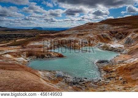 Beautiful Colourful Icelandic Landscape Lava Fields Mountain Geysers Zigzag Road And Moss-covered St