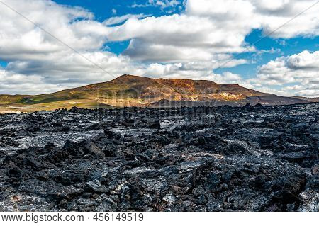 Beautiful Colourful Icelandic Landscape Lava Fields Mountain Geysers Zigzag Road And Moss-covered St