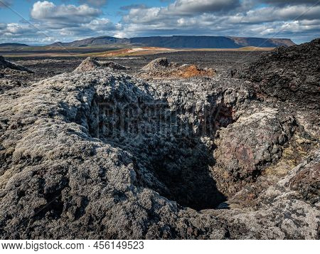 Beautiful Colourful Icelandic Landscape Lava Fields Mountain Geysers Zigzag Road And Moss-covered St