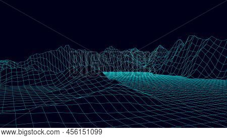 Abstract Digital Neon Grid Landscape Background. Futuristic Retro Mountains Backdrop. Big Data Visua