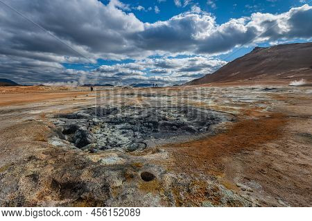 Beautiful Colourful Icelandic Landscape Lava Fields Mountain Geysers Zigzag Road And Moss-covered St