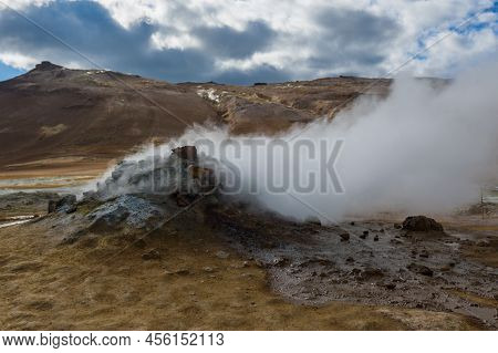 Beautiful Colourful Icelandic Landscape Lava Fields Mountain Geysers Zigzag Road And Moss-covered St
